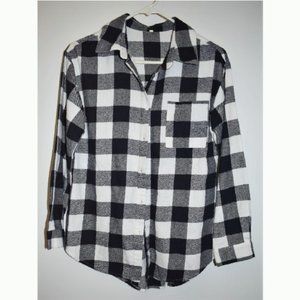 Flannel buffalo check long sleeve collared button shirt top black white